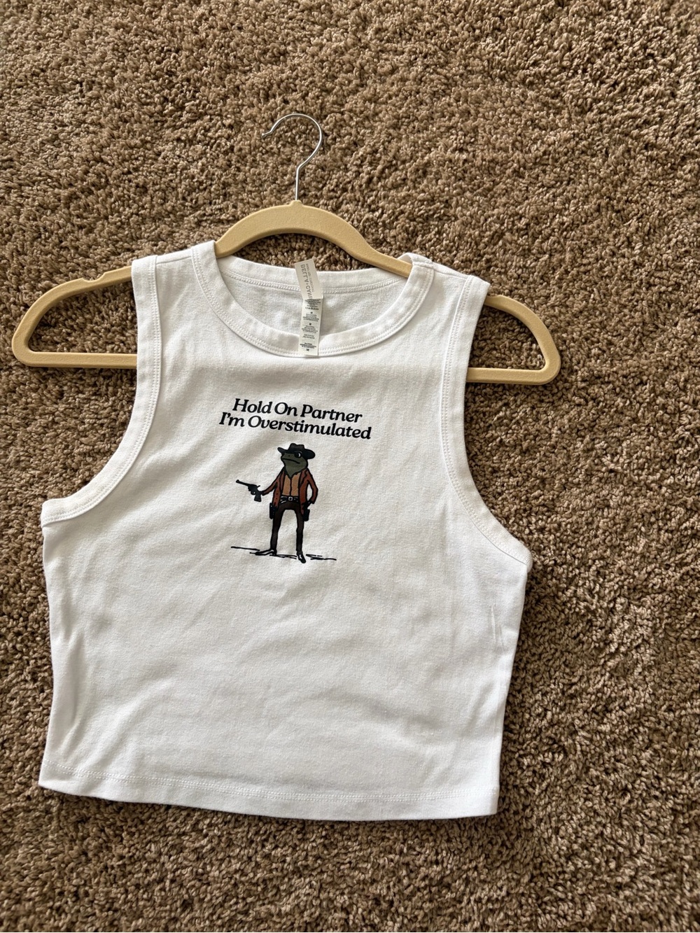Graphic Crop Tank Top (Custom from Etsy) - White "Hold on Partner" Cowboy Frog - Picture 3 of 5
